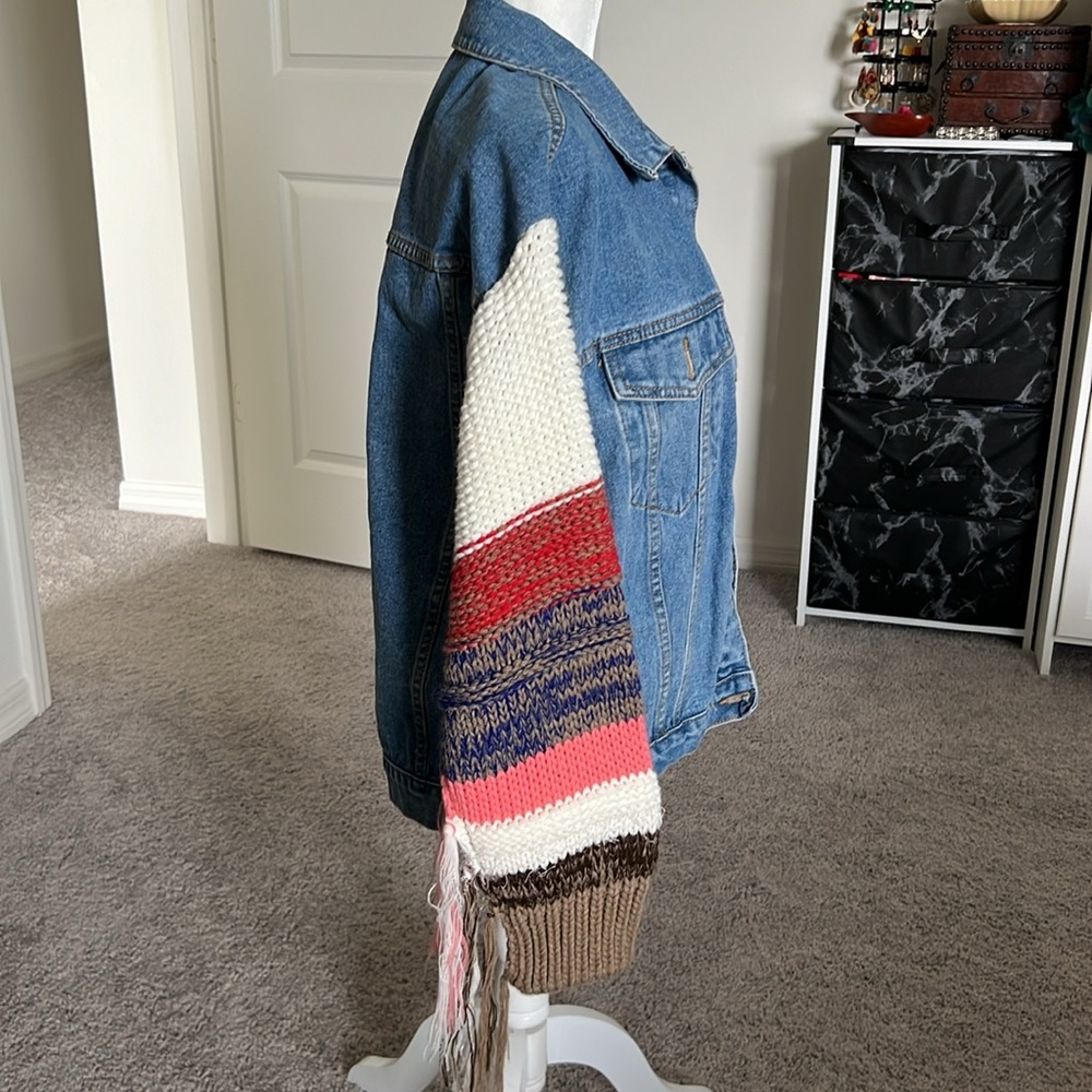 SHEIN Blue Denim Jacket with Multicolor Knit Sleeves - Picture 4 of 7